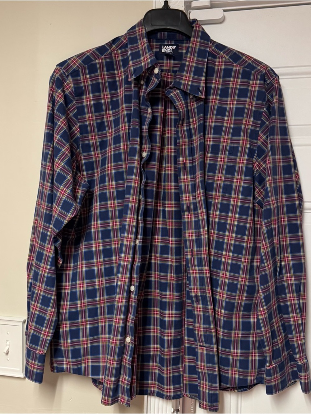 Lands' End Men's Navy, Red and White Plaid Button-Down Shirt